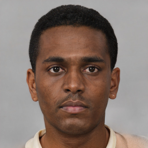 Neutral black young-adult male with short  black hair and brown eyes