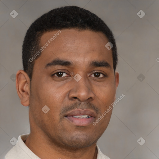 Neutral latino young-adult male with short  brown hair and brown eyes