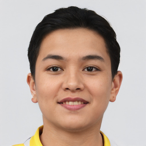 Joyful asian young-adult female with short  brown hair and brown eyes