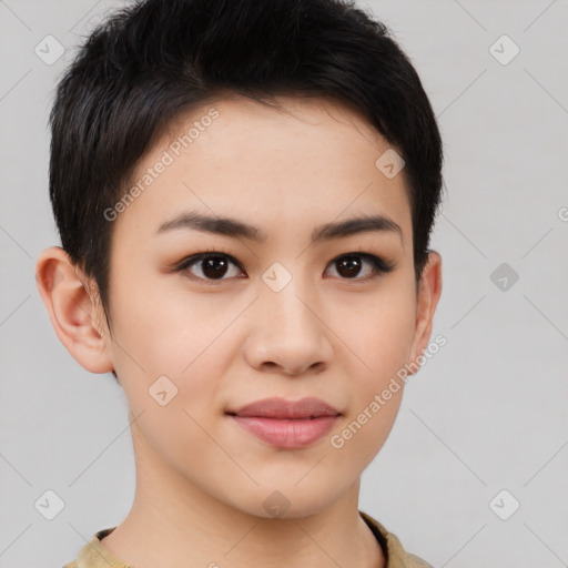 Joyful asian young-adult female with short  brown hair and brown eyes