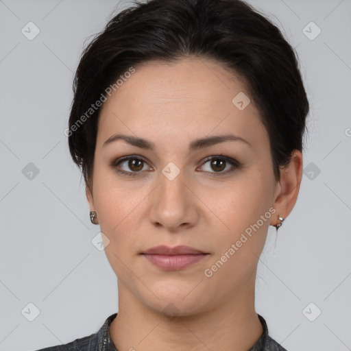 Neutral white young-adult female with short  brown hair and brown eyes