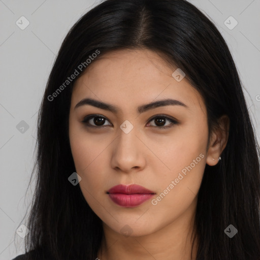 Neutral latino young-adult female with long  black hair and brown eyes