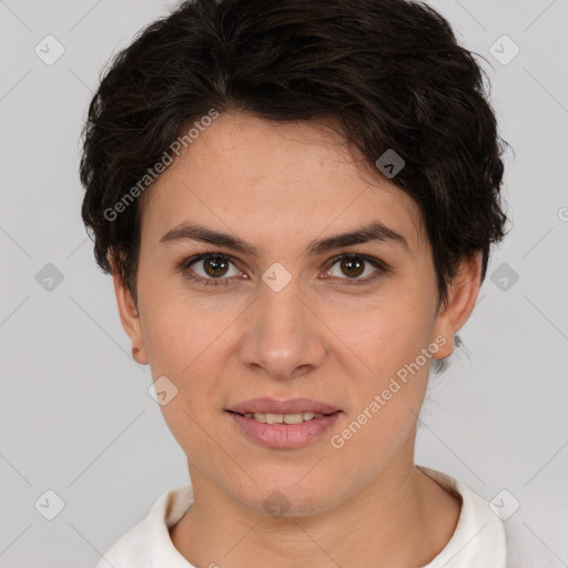 Joyful white young-adult female with short  brown hair and brown eyes