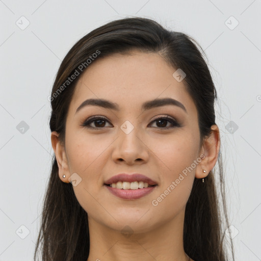 Joyful white young-adult female with long  brown hair and brown eyes