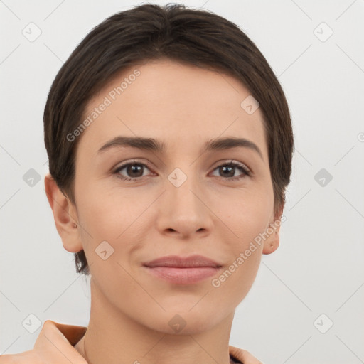 Joyful white young-adult female with short  brown hair and brown eyes