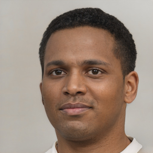 Neutral black young-adult male with short  black hair and brown eyes