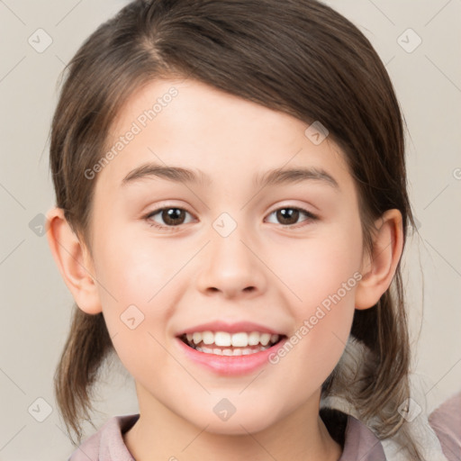 Joyful white child female with medium  brown hair and brown eyes