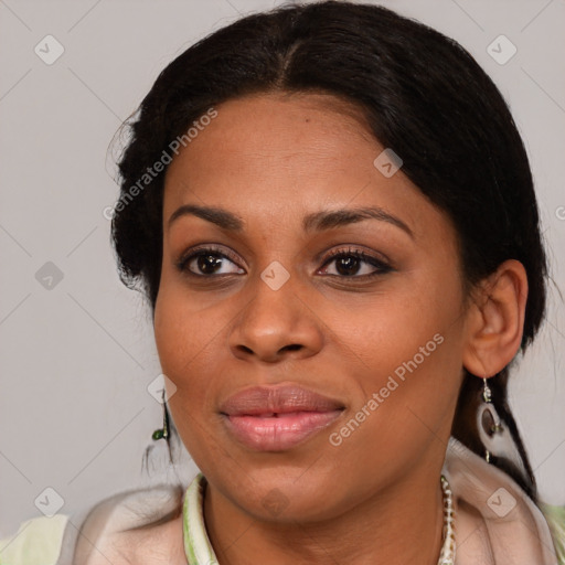 Joyful latino young-adult female with medium  brown hair and brown eyes