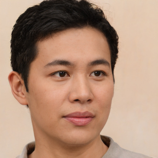 Neutral asian young-adult male with short  brown hair and brown eyes
