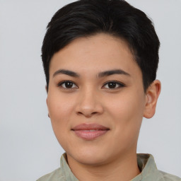 Joyful asian young-adult female with short  brown hair and brown eyes