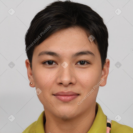 Joyful asian young-adult female with short  brown hair and brown eyes