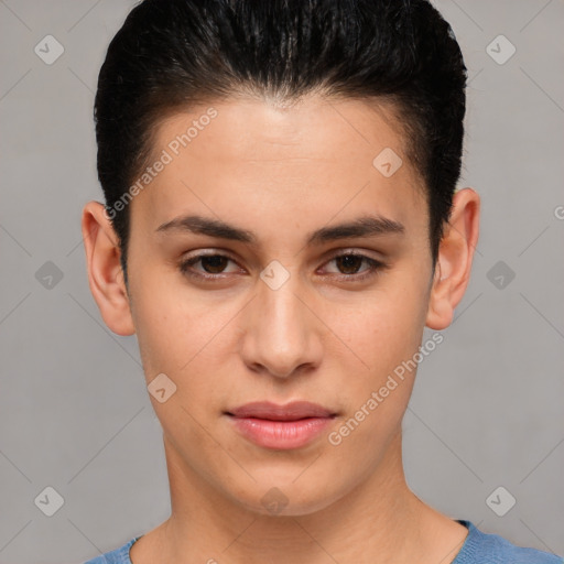 Joyful white young-adult female with short  brown hair and brown eyes