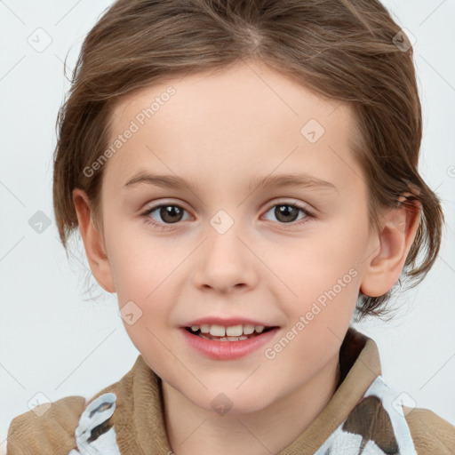 Joyful white child female with medium  brown hair and brown eyes