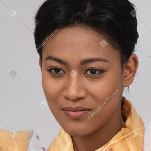 Joyful latino young-adult female with short  brown hair and brown eyes