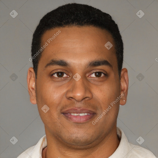 Joyful latino young-adult male with short  black hair and brown eyes