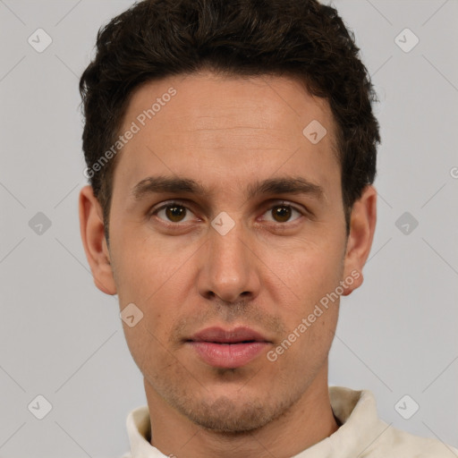 Neutral white adult male with short  brown hair and brown eyes