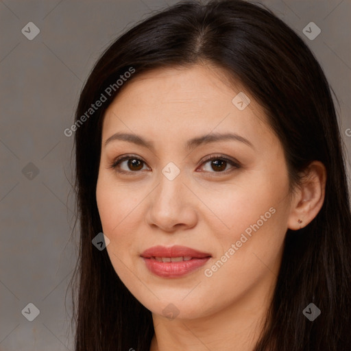 Joyful white young-adult female with long  brown hair and brown eyes