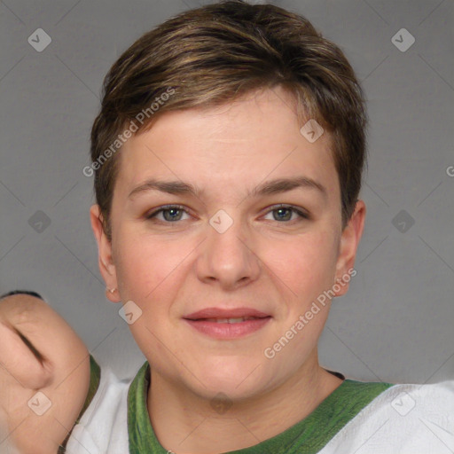 Joyful white young-adult female with short  brown hair and grey eyes