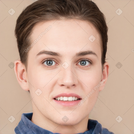 Joyful white young-adult female with short  brown hair and grey eyes