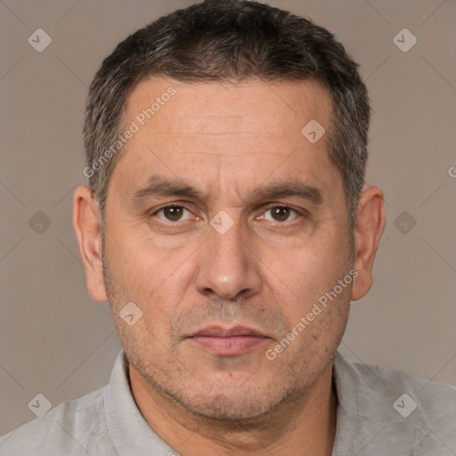 Neutral white adult male with short  brown hair and brown eyes