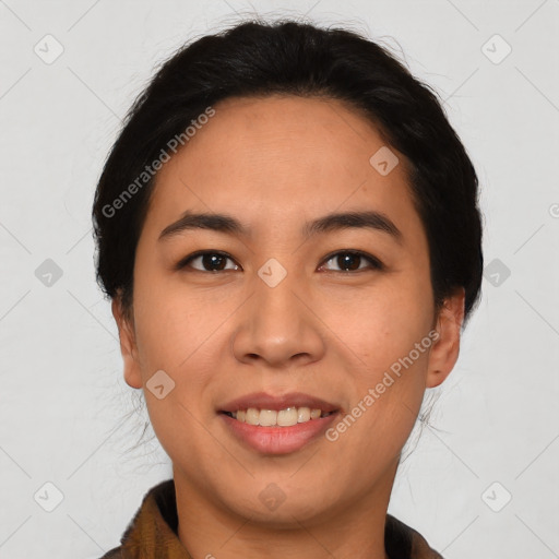 Joyful asian young-adult female with short  brown hair and brown eyes