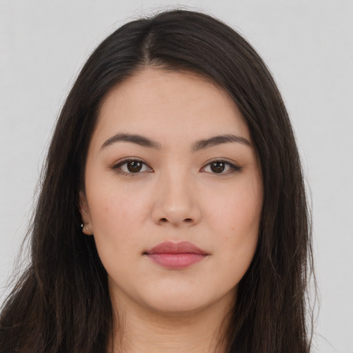 Neutral asian young-adult female with long  brown hair and brown eyes