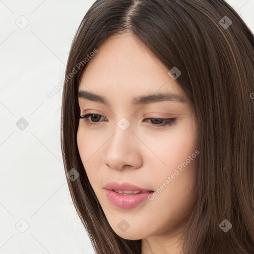 Neutral white young-adult female with long  brown hair and brown eyes