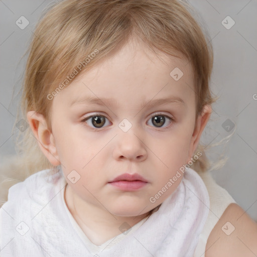 Neutral white child female with medium  brown hair and blue eyes