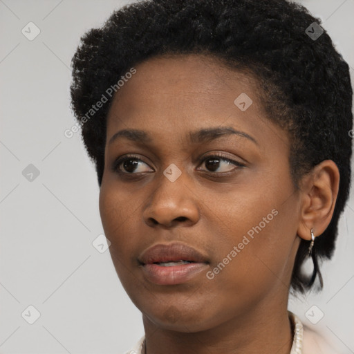 Neutral black young-adult female with short  black hair and brown eyes