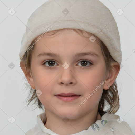 Joyful white child female with medium  brown hair and brown eyes