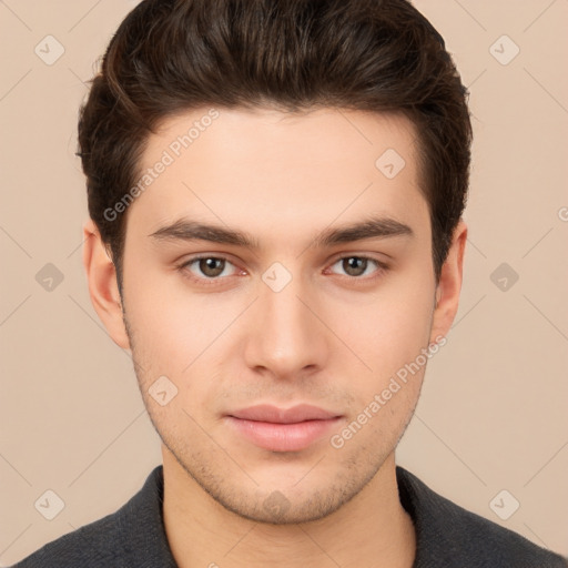 Neutral white young-adult male with short  brown hair and brown eyes