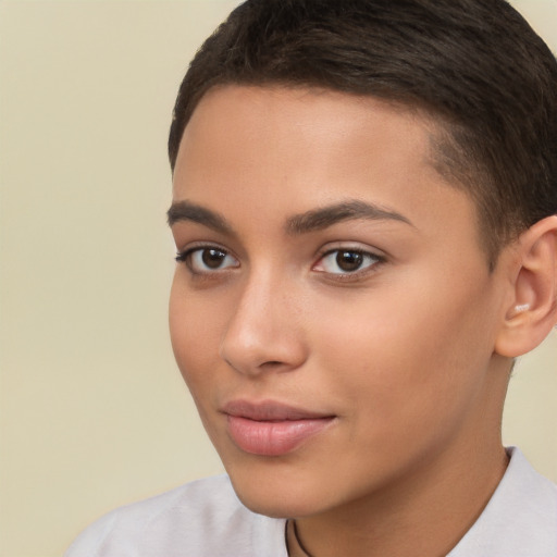 Neutral white young-adult female with short  brown hair and brown eyes