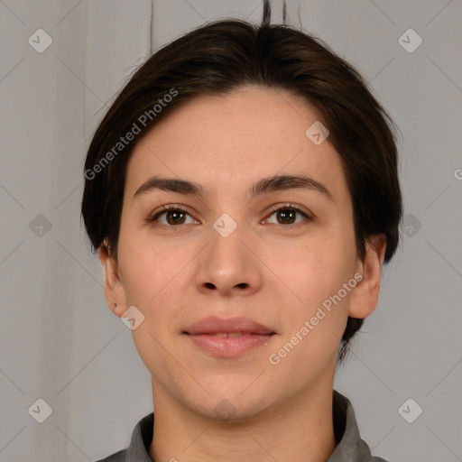 Neutral white young-adult female with short  brown hair and brown eyes