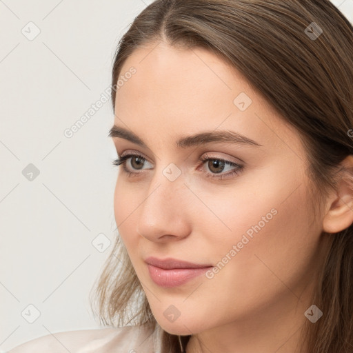 Neutral white young-adult female with long  brown hair and brown eyes