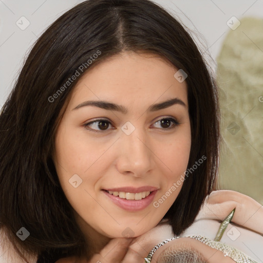 Joyful white young-adult female with medium  brown hair and brown eyes