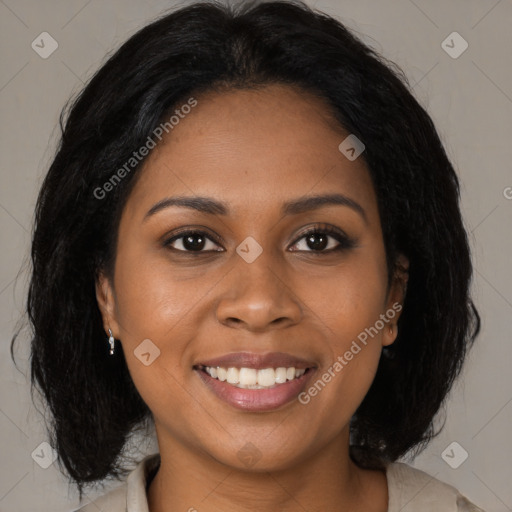 Joyful black young-adult female with medium  black hair and brown eyes