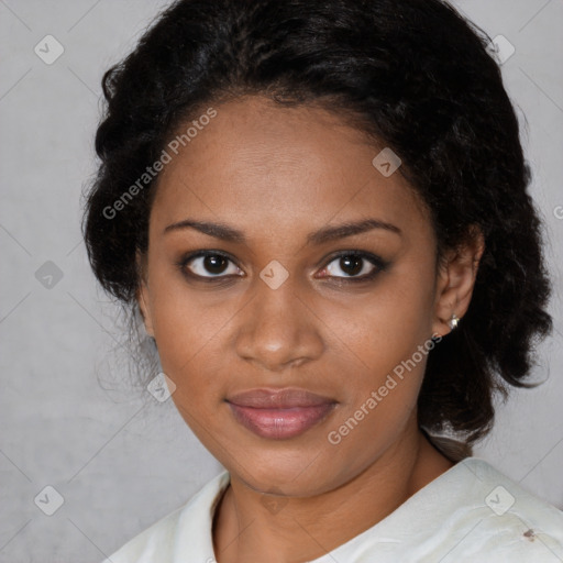 Joyful black young-adult female with medium  brown hair and brown eyes