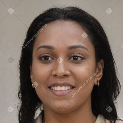 Joyful latino young-adult female with long  brown hair and brown eyes