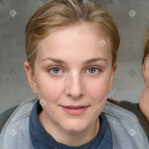 Joyful white young-adult female with medium  brown hair and blue eyes