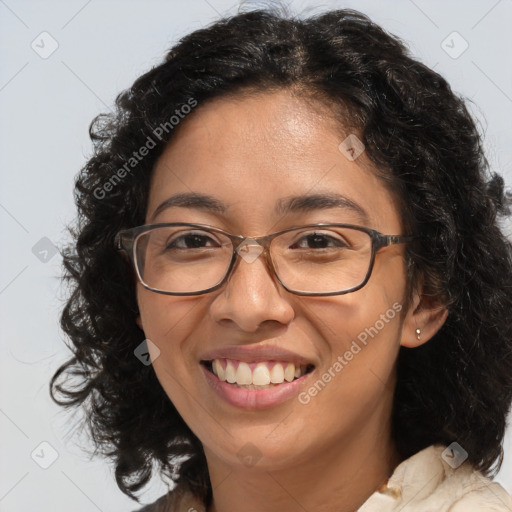 Joyful latino adult female with medium  brown hair and brown eyes