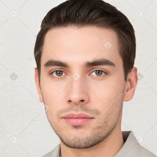 Neutral white young-adult male with short  brown hair and brown eyes