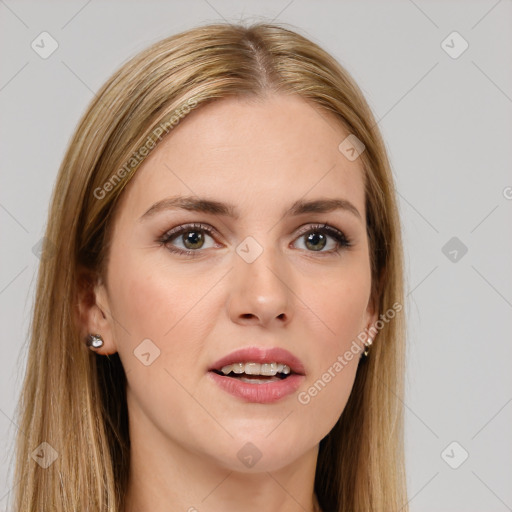 Joyful white young-adult female with long  brown hair and brown eyes