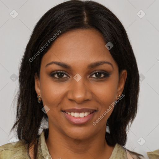 Joyful black young-adult female with medium  brown hair and brown eyes