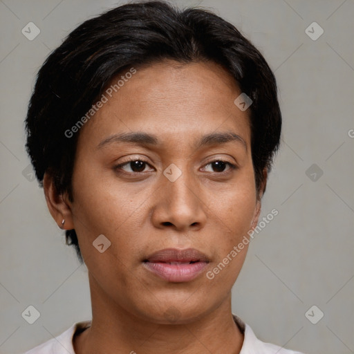 Neutral asian young-adult female with short  brown hair and brown eyes