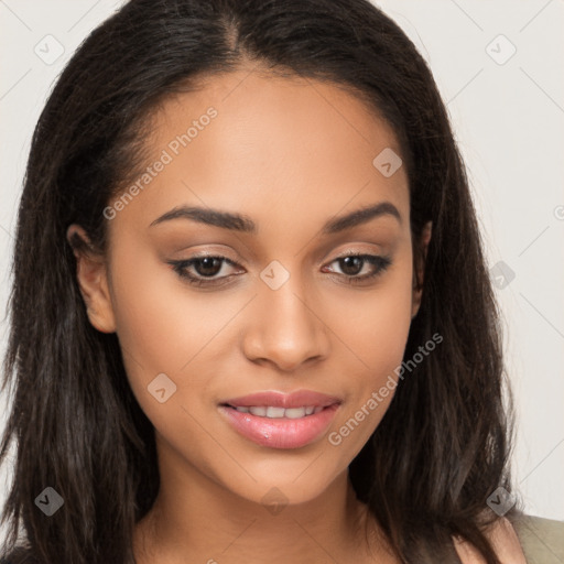 Joyful latino young-adult female with long  brown hair and brown eyes