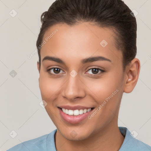 Joyful white young-adult female with short  brown hair and brown eyes