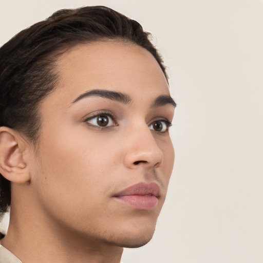 Neutral white young-adult female with short  brown hair and brown eyes