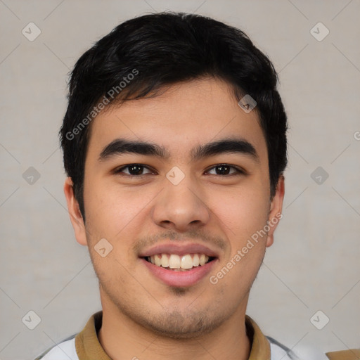 Joyful latino young-adult male with short  brown hair and brown eyes