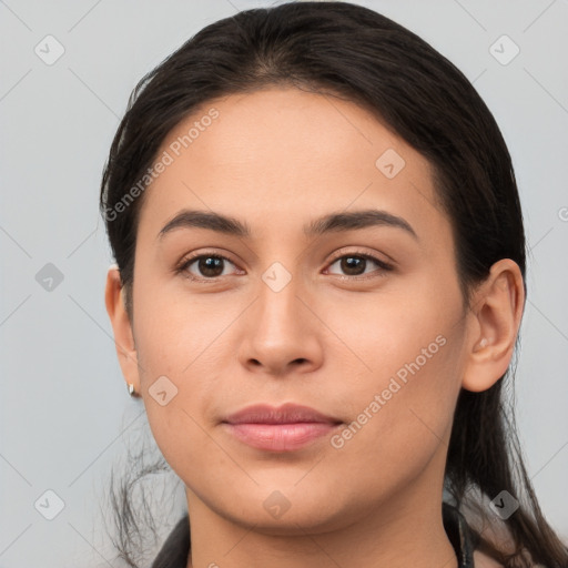 Joyful white young-adult female with long  brown hair and brown eyes