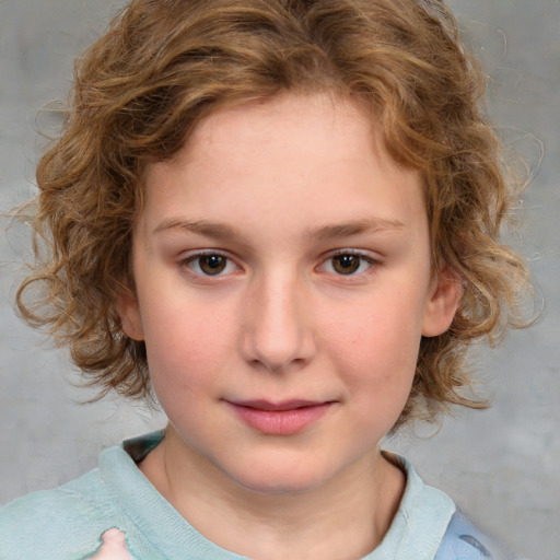 Joyful white child female with medium  brown hair and brown eyes